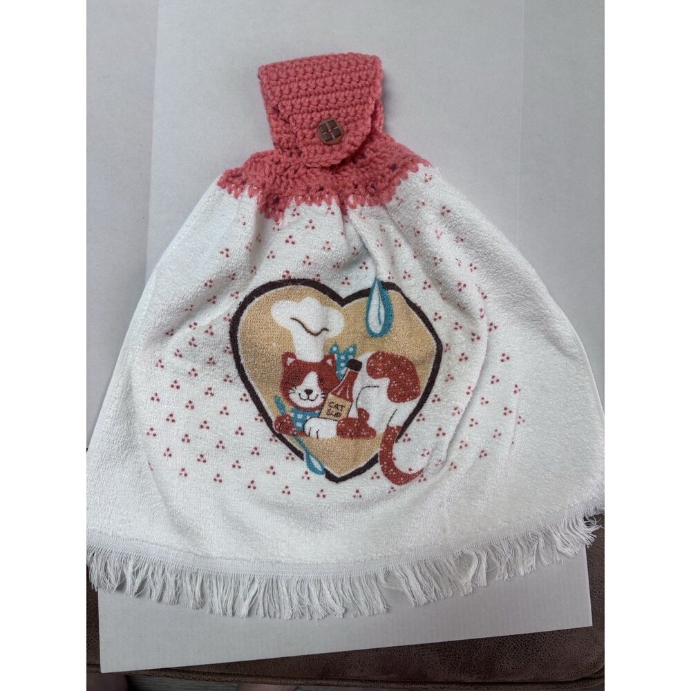 Vintage Kitchen Hand Towels With Crocheted Top Coral & Apricot, Orange Cat Iris